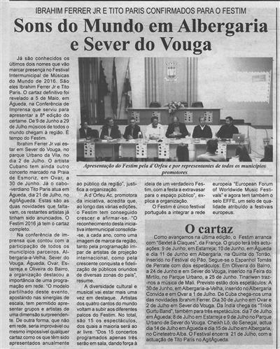 BV-2.ªmaio'16-p.7-Sons do mundo em Albergaria e Sever do Vouga : Ibrahim Ferrer Jr e Tito Paris confirmados para o FESTIM.jpg